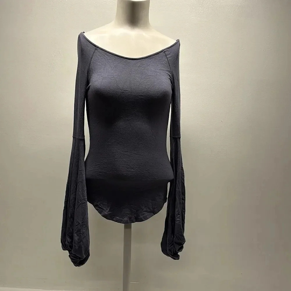 Free People To The Tropics Top Blouse Long Sleeve Tee Shirt Blue New Size Small - Picture 3 of 11
